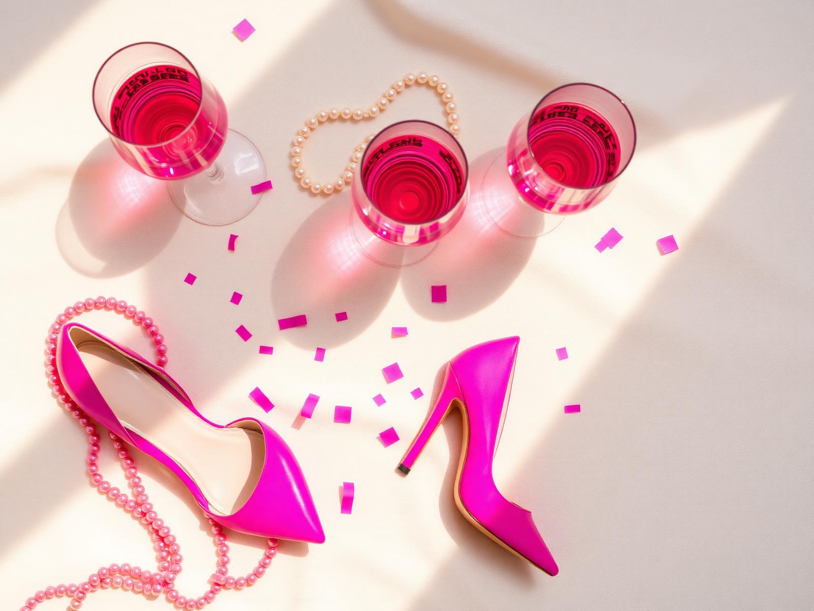 Pink champagne and confetti flat-lay